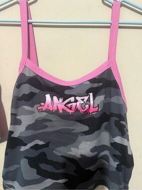 No Boundaries Gray Camo Tank with Pink Trim and Pink 'Angel' Graphic